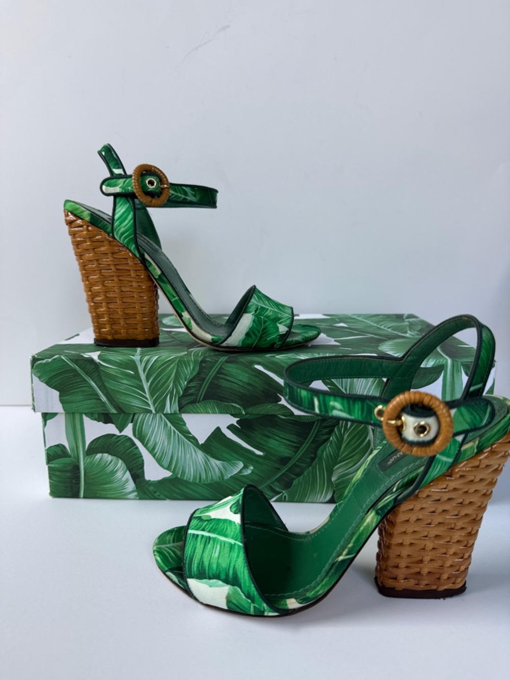 Dolce & Gabbana Palm-Print Green Banana Leaf Raffia Block Heel Sandals size 7 - Picture 10 of 17